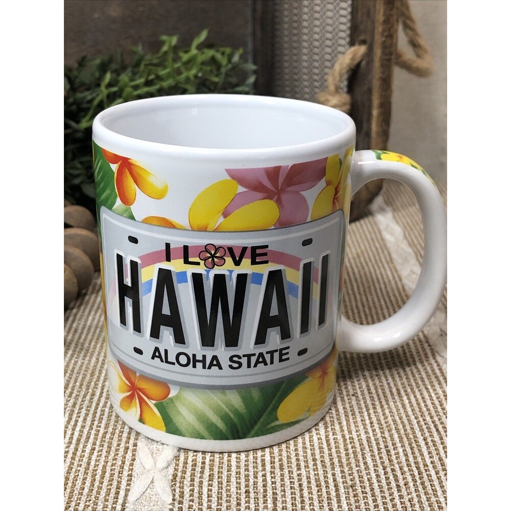 I Love Hawaii Aloha State Coffee Mug Plumeria License Plate Hawaiian Gift Luau